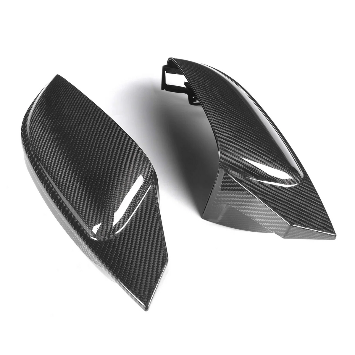 CPG + G8X Style Dry-Carbon Spiegelkappen für BMW 5er, 6er, 7er und 8er – Vorder- und Rückansicht der Replacement-Spiegelabdeckungen