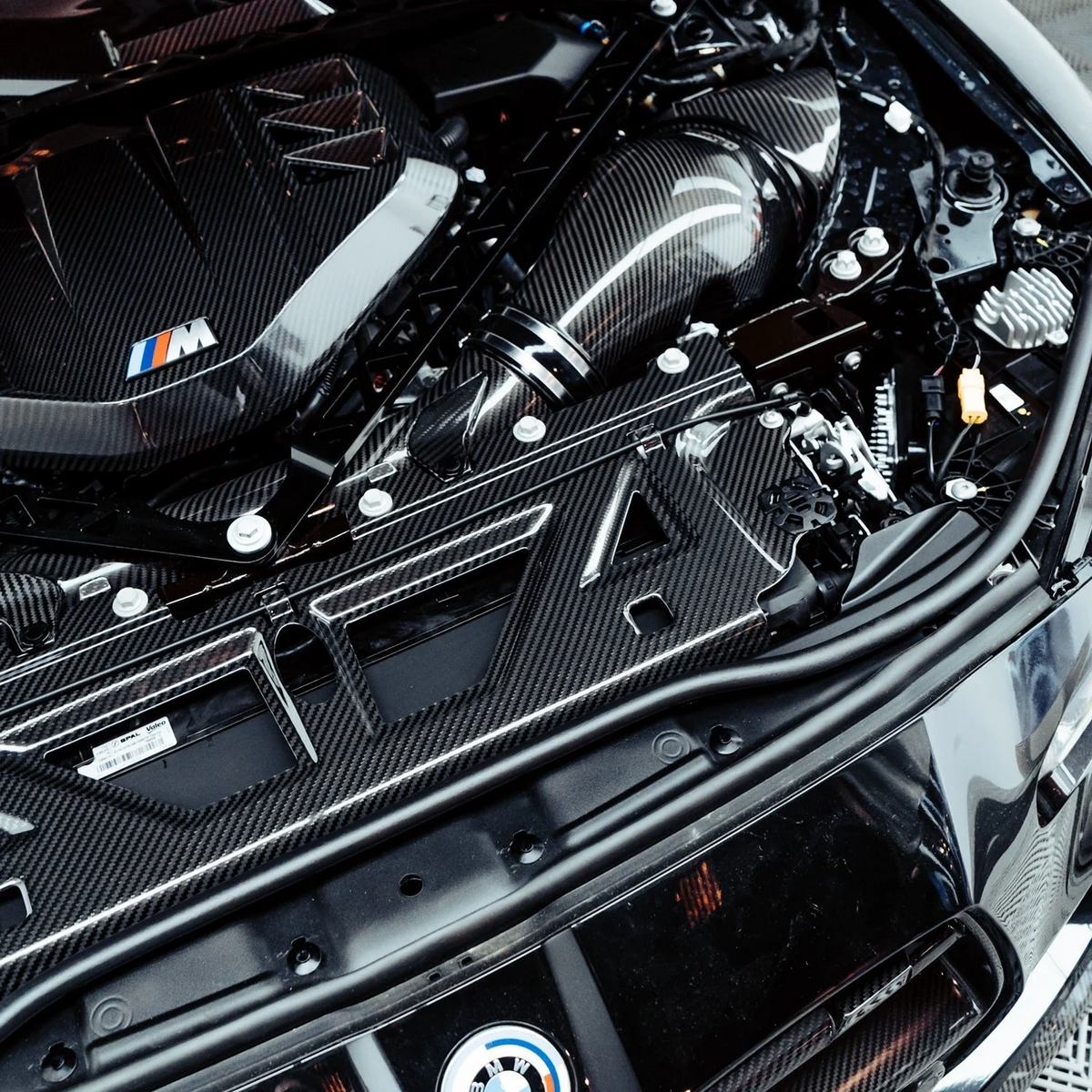 Detailaufnahme des eingebauten CPG+ V1 Slam-Panels aus Dry-Carbon im oberen Kühlerbereich